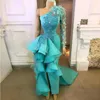 New Peacock Blue One Shoulder Avondjurken 2020 Handgemaakte Bloemen Applicaties Peplum Formele Partyjurken met Split Prom Dress