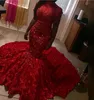 Delicate Mermaid Black Girls Red Prom Dresses High Neck Cap Sleeves 3D Floral Train Evening Gowns Plus Size Party Dress