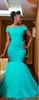 Cheap Turquoise Mermaid Long Bridesmaid Dresses Tulle Sexy Off the Shoulder Sweep Train Plus Size African Maid of Honor Gown