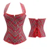 Czerwony Sprawdzony Gorset Halterneck Gorset i S-String Set Women Fashion Plus Size S-6XL Brytyjski Styl Plaid Overbond Lace-Up Corsetlet