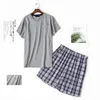 Plus Size Summer Short-sleeved Shorts Plaid Pajama Suit European Men's Cotton Mens Pyjama Sexy Sleepwear Men Pijamas Big Size