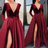 Bourgondië sexy prom jurken diepe v-hals lange mouwen hoge kant split vloer lengte backless formele jurken avondjurken vestidos de fiesta