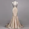 2022 Champagne Sirène Robes De Bal Sexy Halter Argent Dentelle Paillettes Dos Nu Long Balayage Train Formelle Robes De Soirée Sur Mesure BA7774