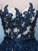 Navy Blue Evening Dress Scoop Sleevless Zipper Back Sweep Train Long Prom Dress with Shining Sequins