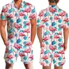 Nuevos hombres Hawaii Imprimir Cremallera Romper Playsuits Manga corta Cuello en V Fit Slim Jumpsuit Hombres Hombre Casual Mono Overoles Tallas grandes