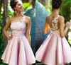 2020 Modest Jewel Sleeveless A Line Evening Dresses Crystal Lace Applique Satin Formal Dresses Knee Length Party Gown
