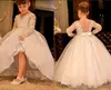 New Cheap Princess Flower Girls Dresses Lace Appliques Crystal Beaded Tulle Long Sleeves Floor Length Sash Birthday Child Girl Pageant Gowns