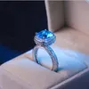 Maat 6-10 Vintage mode-sieraden Sterling Sier Cushion Shape Blue Sapphire Cz Diamond Eternity Pave Cz Women Wedding Bridal Ring Gift