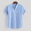 T-shirts van heren 2021 Solid Color Shirts voor Mannen Zomer Lichtblauw Losse Katoen Mix Solids Button Korte Mouw Shirt Tops1