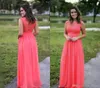 2019 Goedkope Chiffon Coral Bruidsmeisje Jurk Illusie Lange Gala Garden Formele Bruiloft Party Guest Maid of Honour Town Plus Size Custom Made