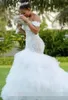 the Elegant Off Shoulder Dresses Tiered Skirt Tulle Lace Applique Mermaid Sweep Train Custom Made Wedding Gown Vestido De Novia