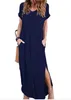 S-5XL Women Summer dresses Clothes Stylish Pullover Maxi Dress A type knit Casual Long Dress Short Sleeve Backless Lady Clothing Pocket