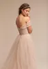 Nude Ruched Tulle Wedding Dresses Off The Shoulder Delicate Sash Bridal Gowns Floor Length A Line Backless Wedding Gown