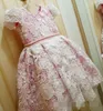 Lace Cute White Flower Girls Dresses Jewel Neck Capped Sleeves Pink Satin Pearl Beaded Bow First Coummunion Little Girl Pageant Ball Gown