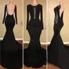 Backless Black Mermaid Długie Rękawy Prom Dress 2019 Nowy Projekt Illusion Aplikacje Zroszony Elastyczna Satin Długie Suknie Wieczorowe Robe de Soiree