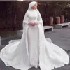 Müslüman denizkızı elbiseleri çıkarılabilir tren ile yüksek boyun uzun kollu aplike edilmiş vintage gelinlik özel yapım katedral ülke gelinlik