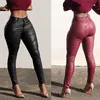 Nova Moda Sexy Mulheres Slim Calças De Couro Skinny Lápis Calças Lápis Alto Cintura RedXL