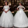 Flower Girl Dresses Sheer Illusion Tulle Neck Short Sleeve Floor Length First Communion Dress Girls Pageant Dress