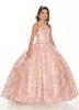 Little Rose Gold Slobined Lace Girls Pageant Jurken Crystal Beaded Pink Kids Prom Dresses Verjaardagsfeestjes voor kleine meisjes met jas