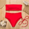 Women's Swimwear Melphieer Sexy Bikini 2021 Yellow Bathing Suit High Waist Swimsuit Solid Beachwear Adjust Bottom Women Bandeau Pads