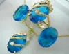 Charmant cristal bleu pendentif collier bague boucle d'oreille ensemble plaqué or gros cristal de quartz pierre