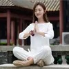 Chinese retro women's cotton hemp tea hand drawn meditation clothes casual kungfu Tai Chi group group comfortable pajamas meditation suit