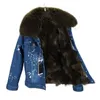 2019 Soğuk dayanıklı kadın kar ceketler pembe rakun kürk trim pembe tilki kürk astar mini koyu mavi delik denim parkas