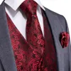 Dibangu Red Black Paisley Fashion Wedding Men 100% Silke Waistcoat Vest Slips Hanky ​​Manschettknappar Cravat Set för kostym Tuxedo MJTZ-106 CX200623