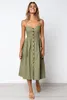 Knapp Striped Print Bomull Linen Casual Sommarklänning Sexig Spaghetti Strap V-Neck Off Shoulder Women Midi Dress Vestidos