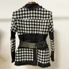 New Style Top Quality Original Design Women's Stylish Trendy Houndstooth Coat Denim stitching Jacket Metal Buckles Outwear with Waist Belt