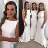 2020 Nowe Tanie Sukienki Druhna Afryki Biały Klejnot Neck Bez Rękawem Satyna Syrenka Sweep Plus Size Maid of Honor Wedding Gośne Suknie