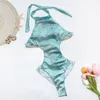 Hoge taille badpak vrouwelijke halter badmode vrouwen een stuk badpak sexy monokini backless thong zwempak glanzend strandkleding