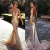 Sparkly Mermaid lovertjes Backless Prom -jurken Deep V nek Mouwloze avondjurken plus size sweep trein formele jurk 407