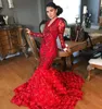 Sexy Floral Ruffles Red Mermaid Prom Dresses 2020 African Cekiny Trąbka Wieczór Formalna Party Sukienka Długie Rękawy