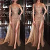 Gold Prom Dresses One Shoulder Lace Silver Beads Sequins Crystal High Side Split Sexy Arabic Evening Gowns Custom Made Formal Party Dress