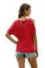 Women Blouses Casual Short Sleeve Cold Shoulder Tee Tops Loose O-Neck T Shirts Short Sexy Hollow Out Solid Shirt