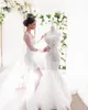 플러스 크기 인어 웨딩 드레스 2020 레이스 Appliqued Robes de Mariée Button Back Tulle Sweep Train Beach Bridal Gowns