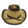 Modische schwarze, sprühlackierte Western-Cowboy-Papierstrohhüte mit Metall-Skorpion-Lederdekor, Sommer-Panama-Strandkappe mit breiter Krempe, Sonnenhut