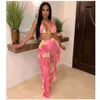 Kobiety Tie Dye Stroje Kąpielowe Dwuczęściowe Stroje Różowe Galaxy Druku Mesh Bikini Set Choć Halter Biustonosz Top Ruffles Łączenie Spodnie Suit