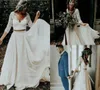 Bohemian Beach 2019 Brautkleider Spitze appliziert V-Ausschnitt Brautkleider Glamouröses 3/4-Ärmel Boho-Chiffon-Hochzeitskleid Robe De Mari￩e