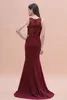 Sjöjungfru burgundy formella kvällsklänningar ärmlös juvel neck spets applique kristall satin examen prom party klänning plus storlek