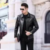 Mężczyzna Wiatrówka Prawdziwej Skóry Kocian Mid Długie Kurtki Skórzane Zimowe Płaszcze Motocyklowe Solid Slim Fit Outerwear 801