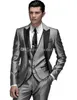 High Quality One Button Silver Gray Wedding Groom Tuxedos Peak Lapel Groomsmen Men Formal Prom Suits (Jacket+Pants+Vest+Tie) W204
