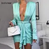 Joyfunear Mini abito elegante blu Donna Wrap Party Club Abiti Fasciatura Profondo scollo a V Cerniera Sexy Autunno Vestito aderente Feeme 2019