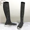 Vente chaude-femme Blingbling cristal cuisse haute baskets bottes femmes tricot chaussette strass longues bottes femme printemps sur le genou