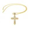 Wholeretro Gold Cross Charm Pendant Full Ice Out CZ Simulated Diamonds Katolska Crucifix Pendant -halsband med Long Cuban CHA2496429