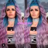 180 density full Synthetic Long Wavy Wigs With Bangs For African Black Women blue roots ombre purple lace front wig side part