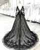 Black Wedding Dress 2020 Ballgown Long Sleeves vestidos de novia Chapel Train robe de mariage Plunging Neck V Back Real Photos Lace