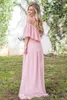 Tani szyfonowy różowy linijka sukienki druhna z ramion kaskadowe marszczyki pliski o długości podłogowej Maid of Honor sukienka formalne suknie