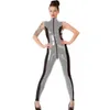 11 Colors Novelty Zipper To Crotch Sexy Jumpsuit Women Patchwork Color Skinny Bodysuit Wet Look Sleeveless Turtleneck Catsuit